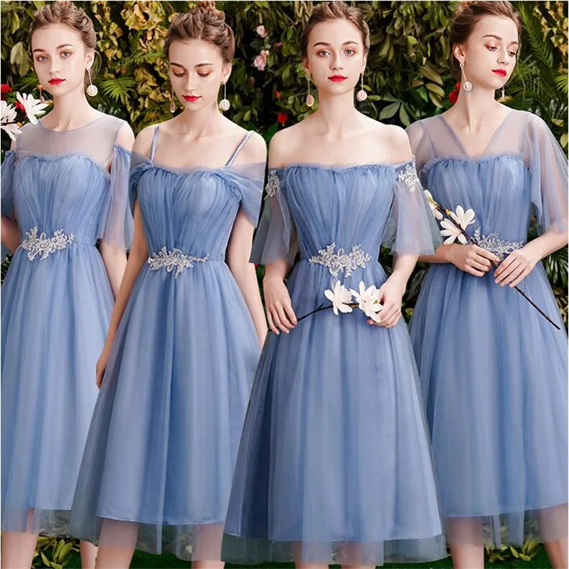blue tea length bridesmaid dresses