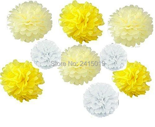 

24xNew mixed sizes yellow beige white tissue paper bunting pom poms wedding party wall hanging decorative banner garland