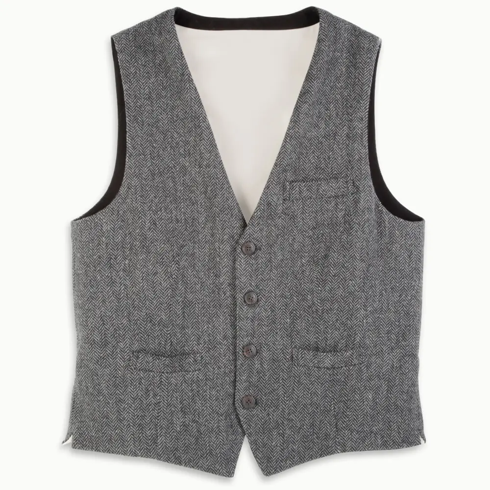 New Autumn Winter Gray Tweed Suit Vests For Men Herringbone Mens