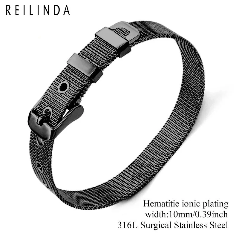 8mm/10mm/18mm Stainless Steel Mesh Wristband Bracelet DIY Slide Charms Bracelets For Women Men Gift - Окраска металла: 10mm Black