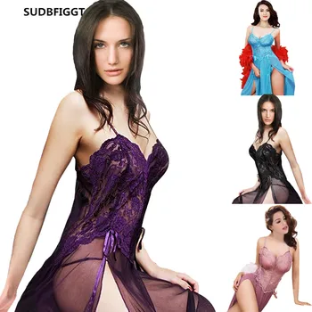 

Plus size Women sexy lingerie Dress Erotic Long Night Gown ladies Lace Full Slips