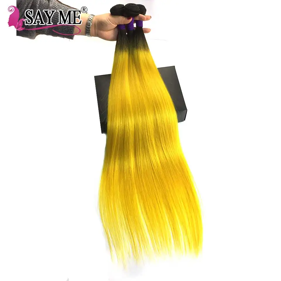 

1B/Yellow Dark Root Ombre Peruvian Straight Hair 3 Bundles With Closure Remy Double Weft Human Hair Bundles With Closure Colored