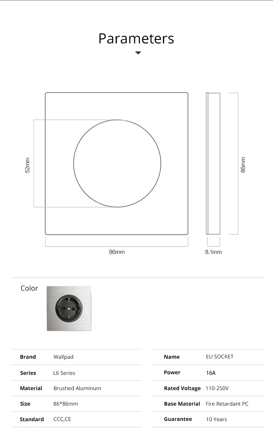 Wallpad L6 Cinza Único 16A UE Soquete