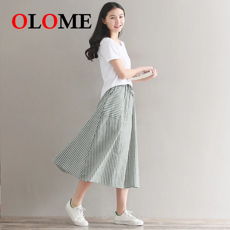 

Summer new vintage art fan a-line skirt Japanese striped cotton and linen long skirt women 228