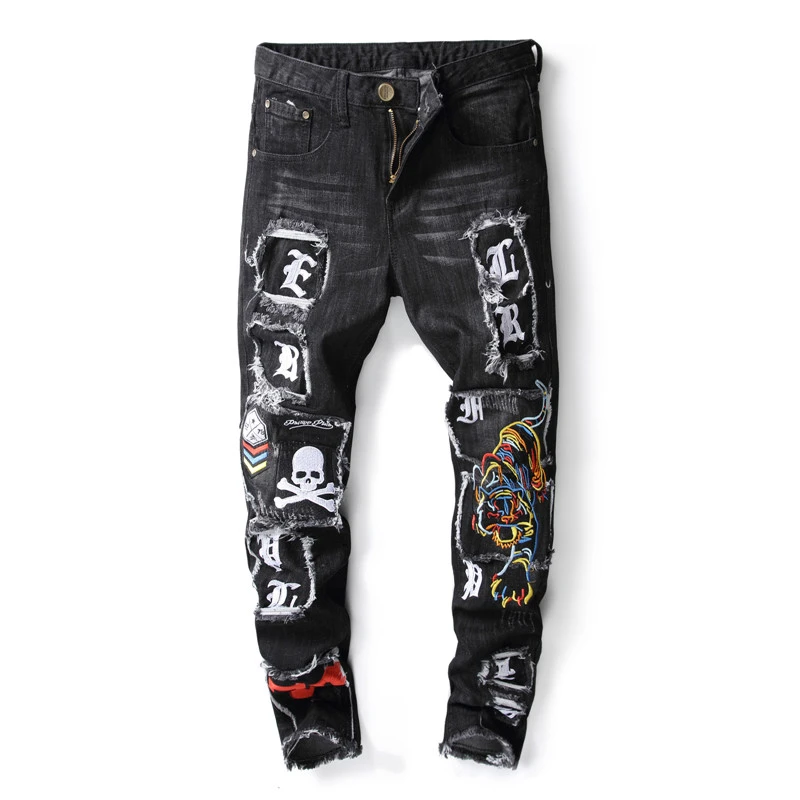 Nueva Marca diseñador hombres Skinny Jeans hombre Casual Distressed Ripped Tigre cráneo Denim Pantalones|Pantalones vaqueros| - AliExpress