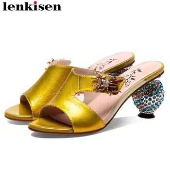 

Lenkisen handmade sheep leather art design peep round toe women sandals plus size spider fastener mules med heels sandals L21