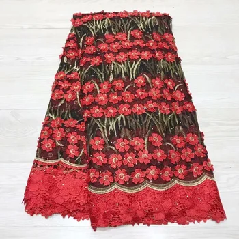 

African Lace Fabric 2019 High Quality Lace Red Bridal Lace Fabric With 3 d flowers embroidery Tulle Mesh Lace Fabric Nigerian