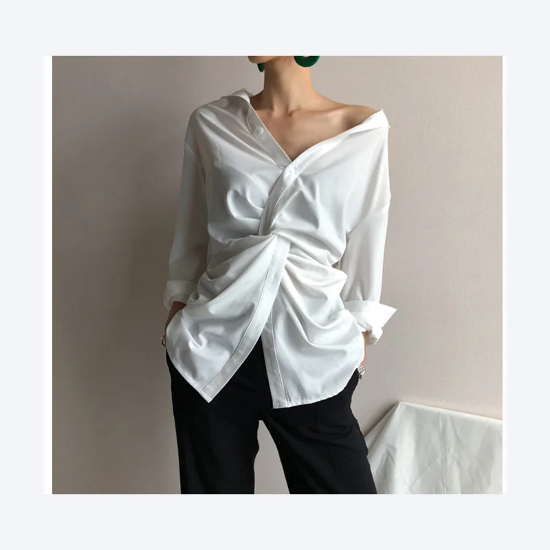 SuperAen Irregular V-neck Shirt Women Spring 2019 New Solid Color Cotton Women Blouses and Tops Fas