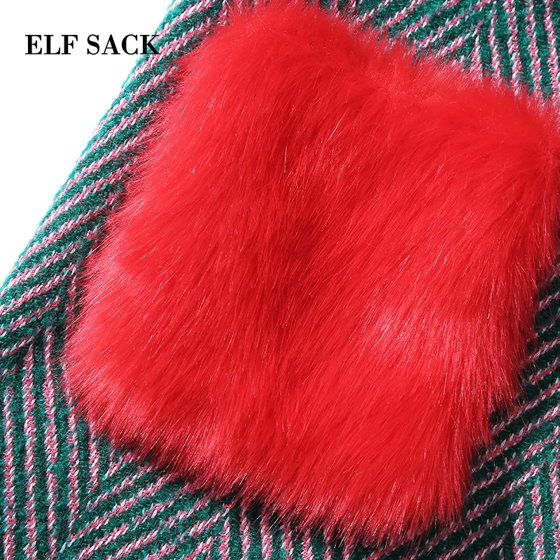 ELF saco 35.8% abrigos de lana de las mujeres de invierno piel roja bolsillos recto abrigos Oversize cuello de rayas gruesas de lana abrigos - 5