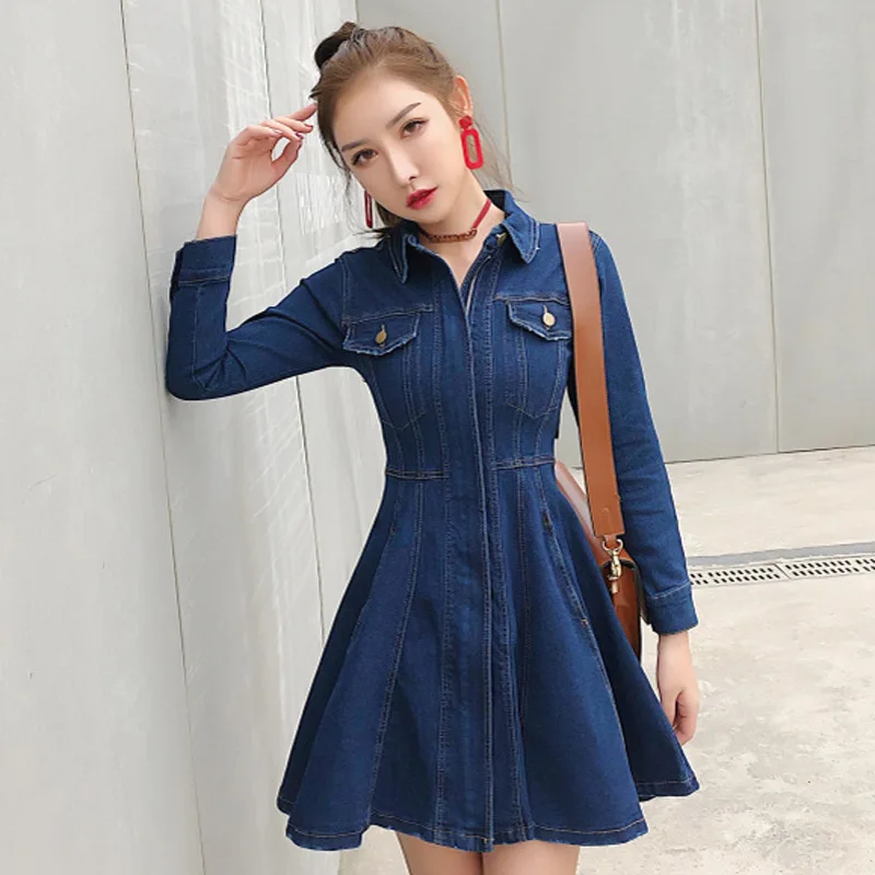 

Women long sleeves summer Denim Dress Woman Sexy Denim turn down collar shirt mini jean dress women clothes 2018