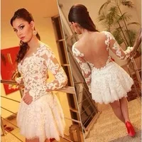 2014 Cute White Lace Jewel Neckline Appliqued Long Sleeve Short Prom Dresses Vestidos De Fiesta Cortos