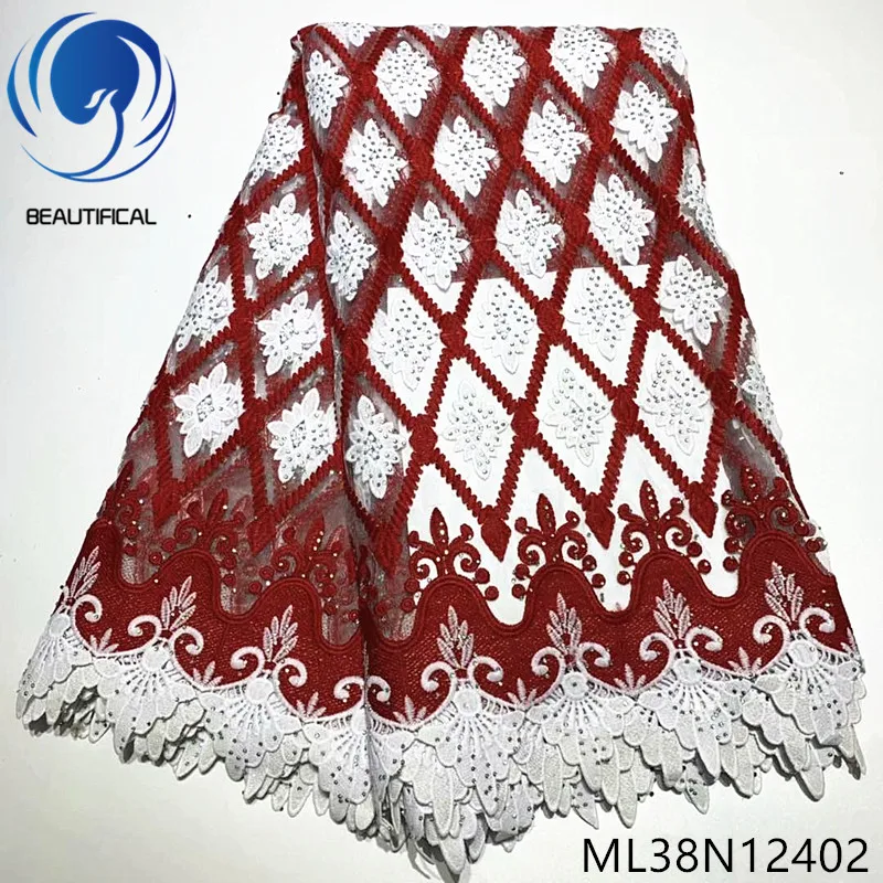 

Beautifical French lace fabrics for dress High quality embroidery net lace fabric with guipure lace with stones 5yards ML38N124