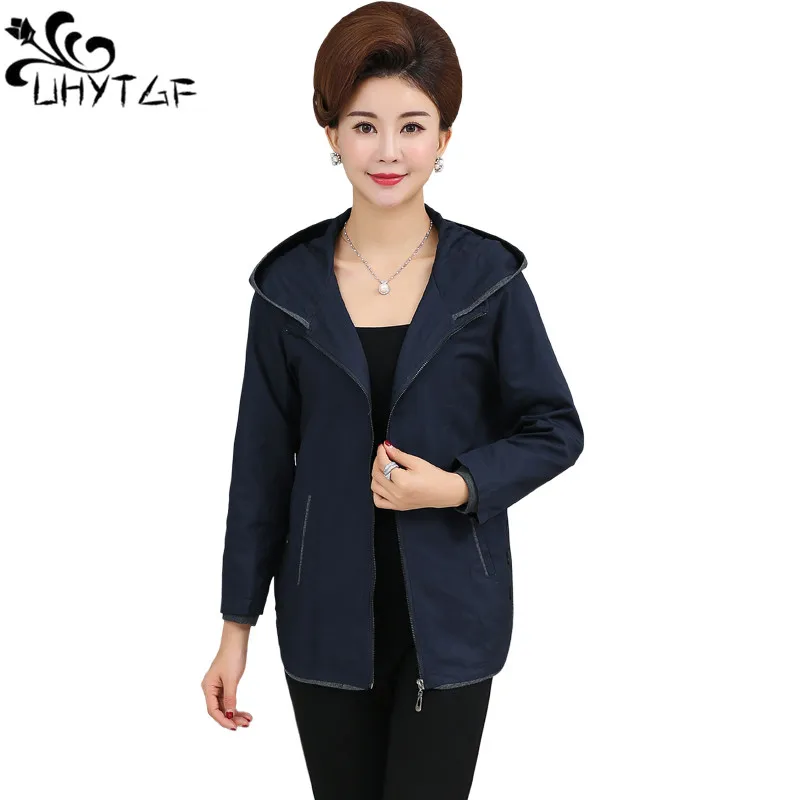 

UHYTGF Mother Hooded Jackets 2019 Spring autumn Women's windbreaker Women Basic Jackets Coats Zipper Jackets Bomber Famale X195