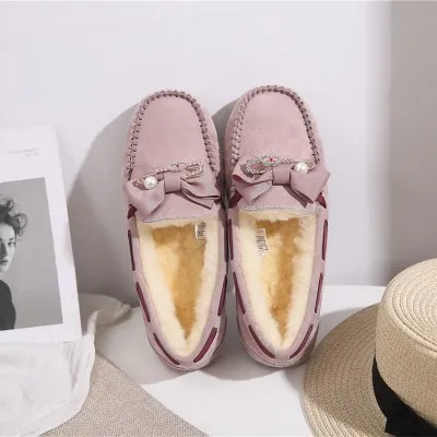 CUWHF/Женская обувь из натуральной шерсти с бантом; женские зимние ботинки из натуральной овечьей кожи; Повседневная зимняя обувь; женские кожаные зимние ботинки - Цвет: Pink purple