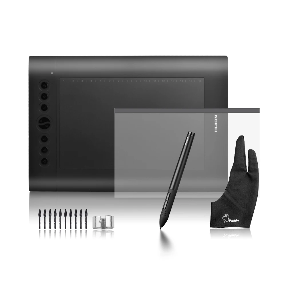 

Huion H610 Pro 10"x 6.25" Graphics Drawing Digital Tablet 5080 LPI Kit +Protective Film + Parblo Two-Finger Glove +10 Extra Nibs