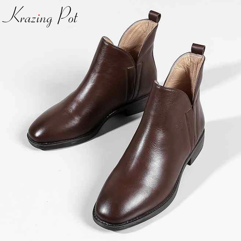 

Krazing pot genuine leather round toe med heels Chelsea boots concise design simple Korean version solid color ankle boots L55