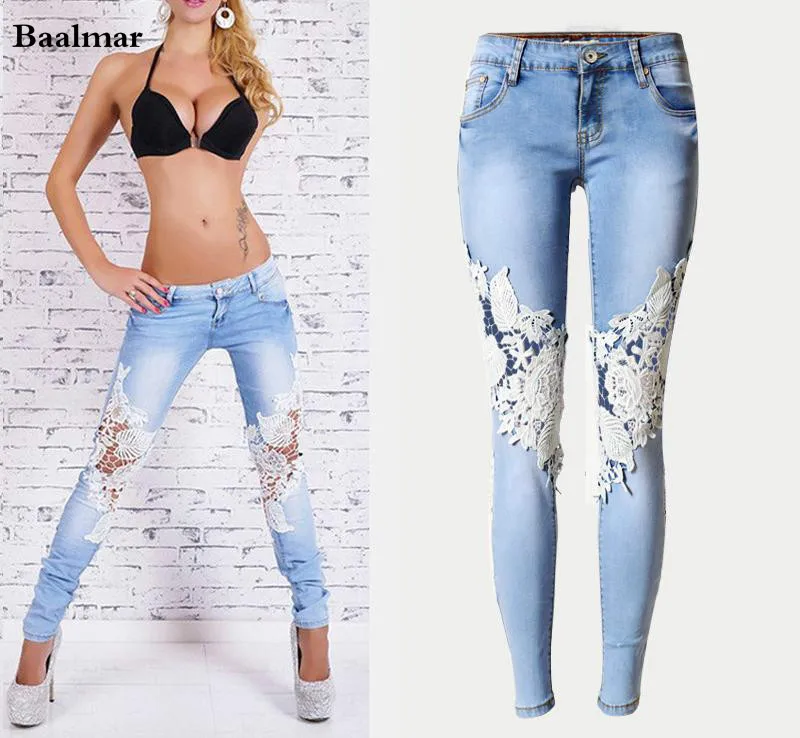 Baalmar Fashion Women Lace Spliced Jeans Sexy Hollow Out Washed White Denim Pants Female Low Waist