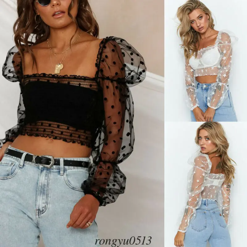 

Sexy Off Shoulder Mesh Sheer Crop Tops Women Floral Embroidery See Through T Shirt Cropped 2019 Summer Perspective Tshirt Blusas