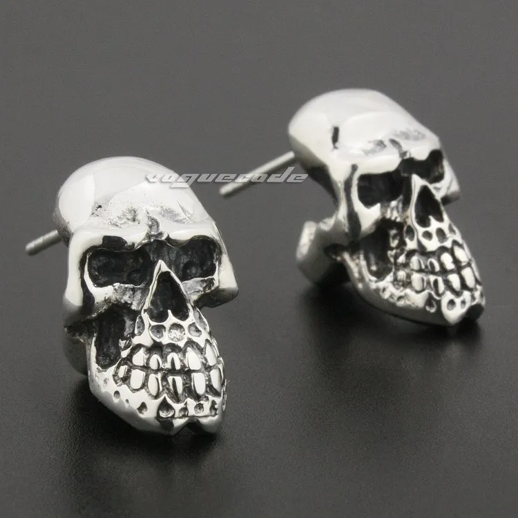 925 Sterling Silver Skull Mens Biker Rocker Stud Earring 8R020(1 pair)in Stud Earrings from