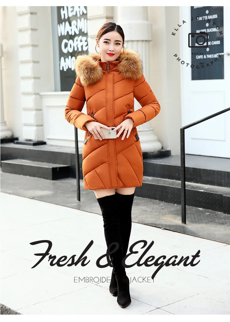 Женский пуховик, теплое большое меховое пальто с хлопковой подкладкой, зимняя длинная парка для женщин, оранжевый, серый, черный, красный, верхняя одежда