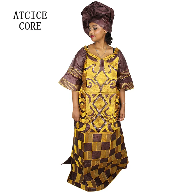 African Dresses For Woman Bazin Riche Computer Emboridery Plus Size Long Dress With Scarf A023 african robe