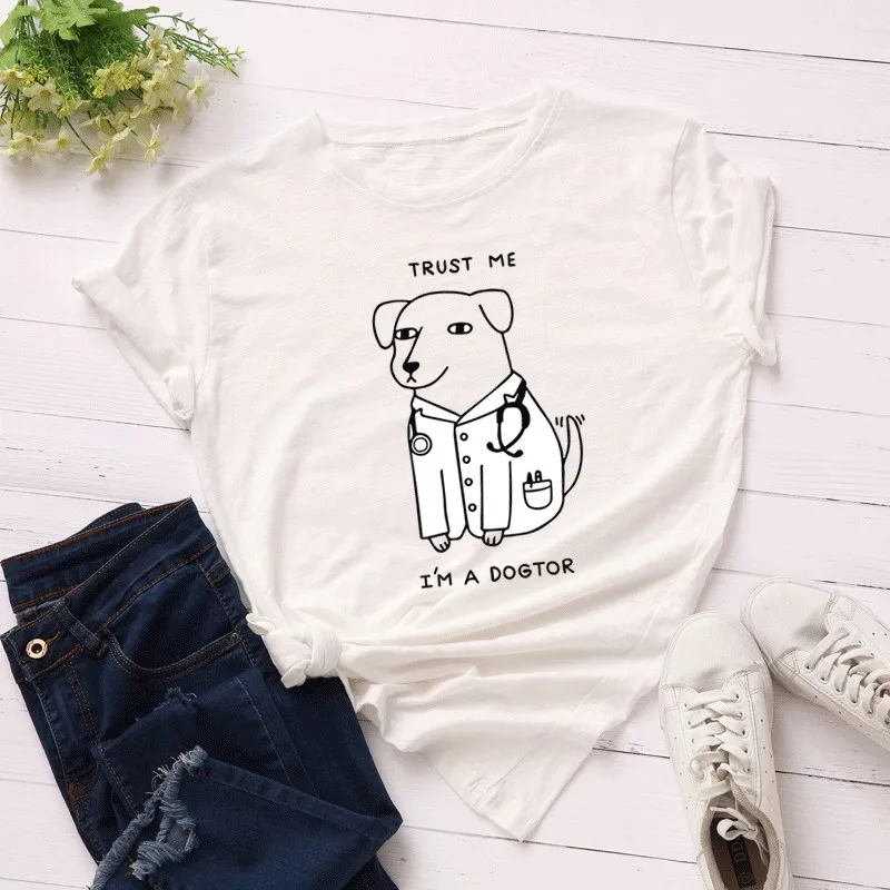

GUMPRUN Women Streetwear Casual T Shirt Summer Cute Dog Letter Print Tshirt Womens Loose Cotton Short Sleeve Plus Size T Shirt