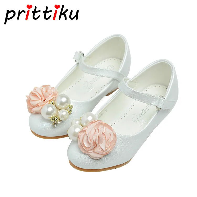

2018 Toddler Girl Pearl Flower Pumps Little Kid PU Leather Mary Jane Flats Big Children Performance Pageant Princess Dress Shoes