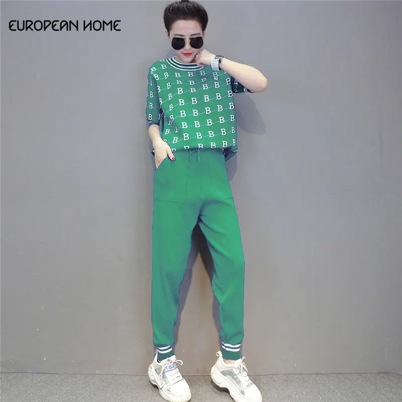 

European Home Fashion Spring Summer Two Piece Set Women Clothes 2019 Knit short-sleeved Letter Tops Casual Pants Women sets 1000