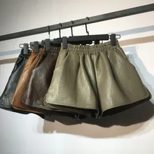 Женские базовые однотонные шорты из натуральной кожи, эластичные шорты с карманами на талии, женские повседневные плиссированные шорты, pantalones cortos