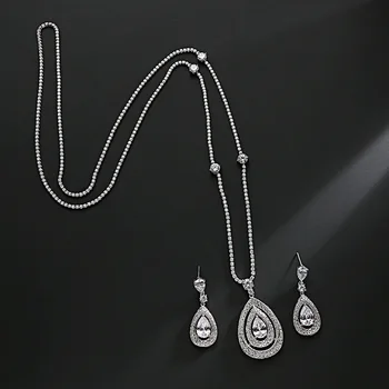 

European Fashion AAA Cubic Zircon Pendant Long Link Sweater Chain Necklace Jewelry Sets For Women Wedding Accessories