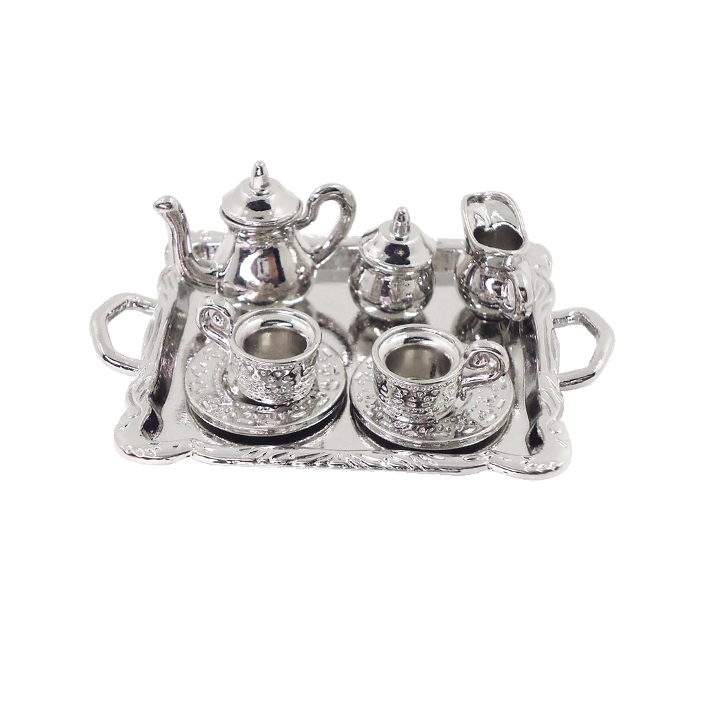 10 Pieces 1:12 Dollhouse Miniature Silver Metal Tea Coffee Set Tableware Best for doll house, room box, house model