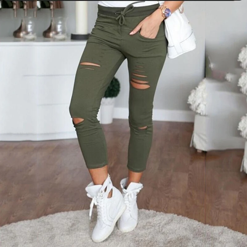 

Summer Women Plus size Pants High waist Lace-up Hole Pants Ripper Long Casual Pants Crop pants ladies trousers