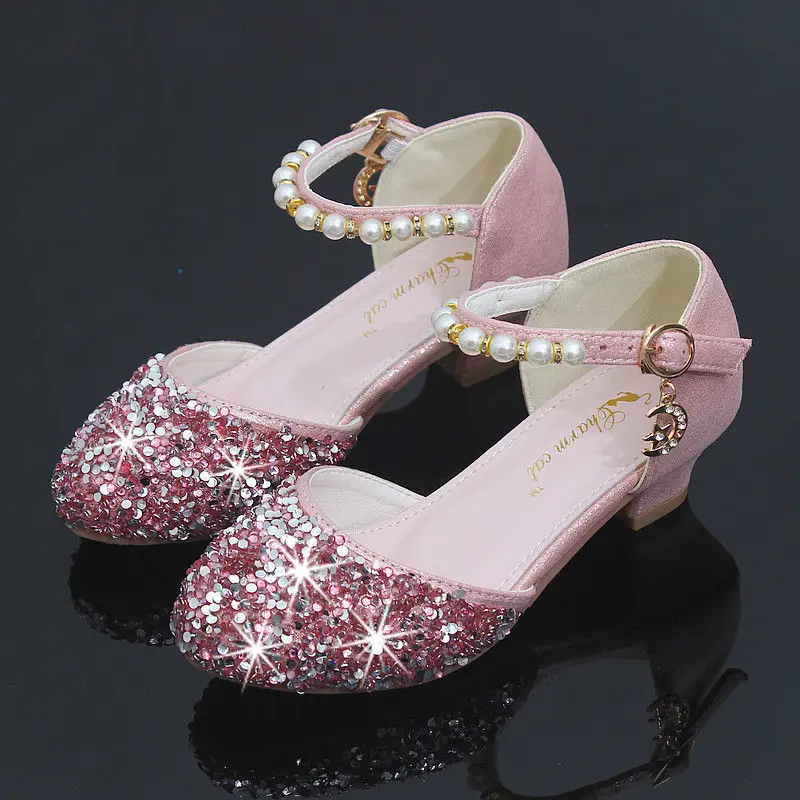 Г. Стразы для девочек, сандалии из искусственной кожи с высоким голенищем Детская летняя обувь с жемчугом для танцев розовый и серебристый Размер 27-37 - Цвет: pink
