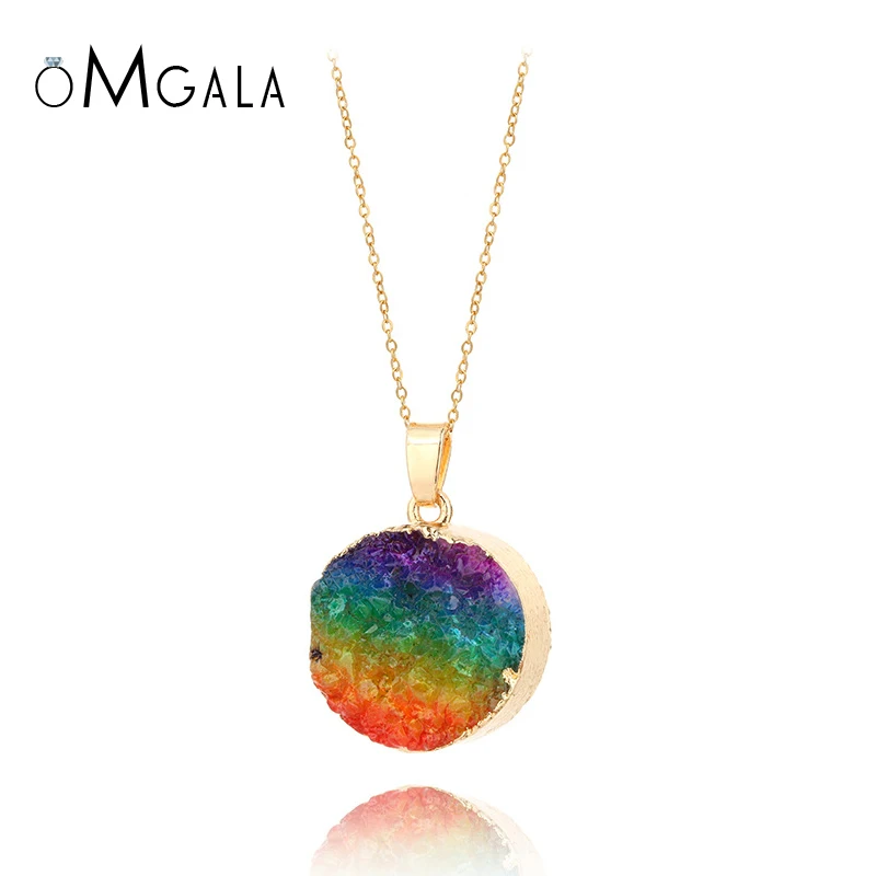 

OMGALA Natural Stone Quartz Necklace Circle Rose Purple Blue Pendant Necklace Vintage Women Men Necklaces Jewelry Long Chain