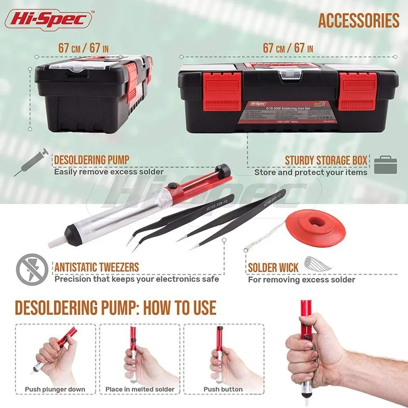 Hi-Spec 15pc 2in1 0-15w-30W Dual Temperature Electrical Soldering Iron Wood Burning Pyrography Set Solder Iron Pen Welding Set 