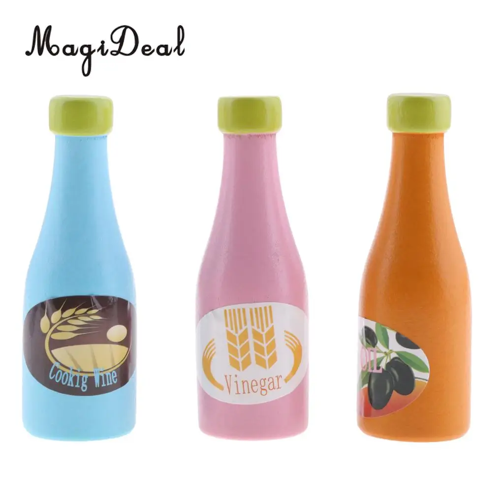 MagiDeal Colorful 3Pcs/Pack Wooden Seasoning Bottles for Children Thinking Ability Pretend Play Food Role Play Game Kitchen Toy 