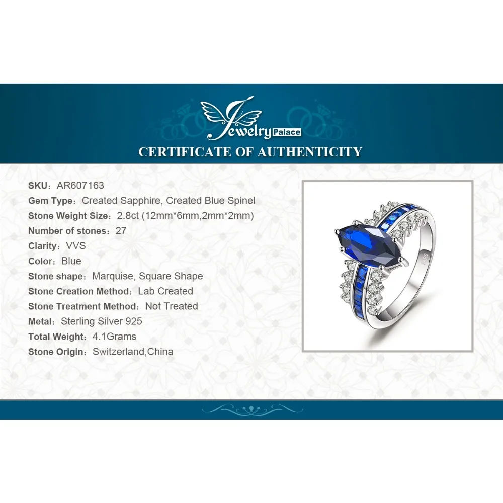 Jewelrypalace Luxry 3.4ct маркиза создания Сапфир площади создано голубой шпинели заявление кольцо стерлингового серебра 925 Горячая распродажа