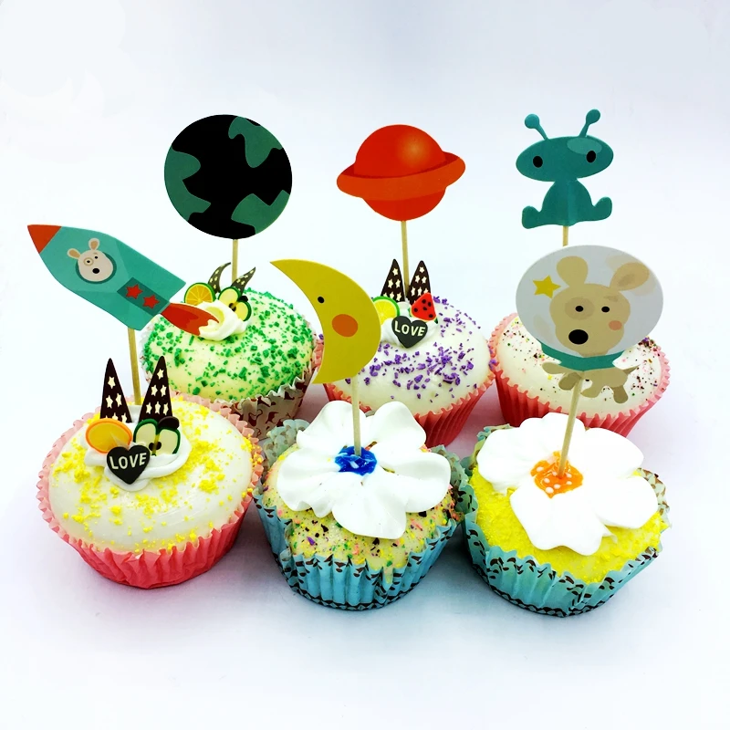 

24pcs Moon Earth Spaceship rocket Dog Cupcake Toppers Pick Party Supplies Kids Birthday Wedding Cake Decoration baby shower Toys