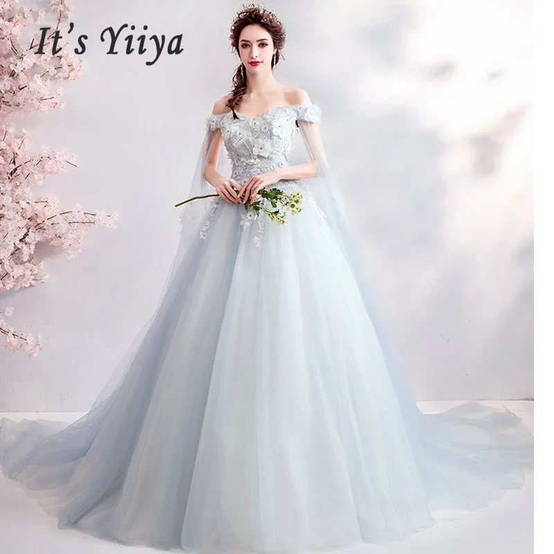 

It's Yiiya Wedding Dress Off The Shoulder 2019 Flower Sleeveless Wedding Dresses Plus Size V-neck Backless Robe De Mariee E632