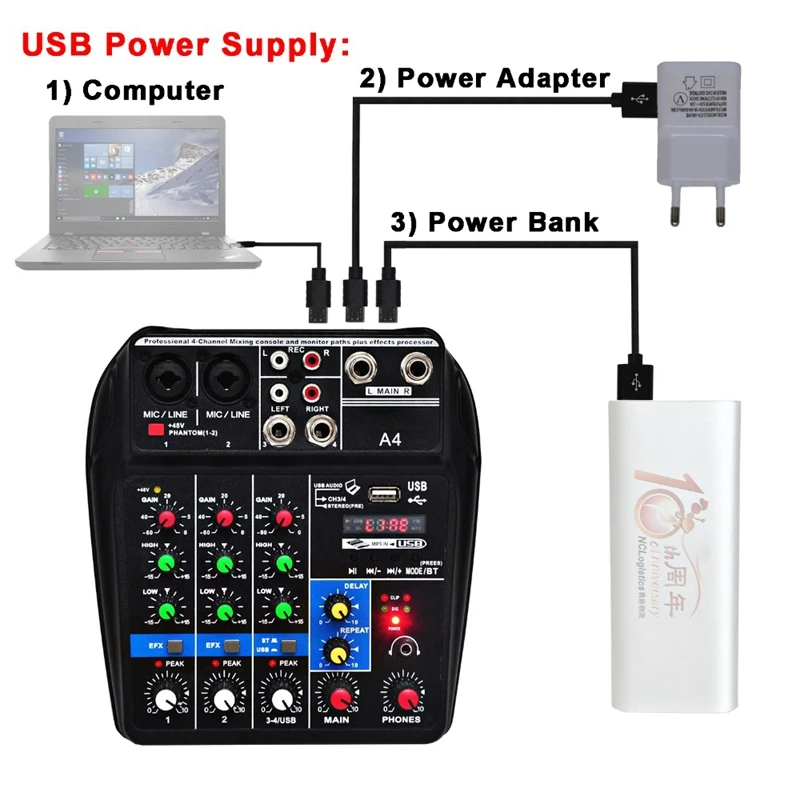 Штепсельная Вилка стандарта ЕС, А4, микшерный пульт, Bluetooth, Usb, запись, воспроизведение компьютера, 48 В, фантомное питание, эффект задержки, Repaeat, 4 канала, Usb A