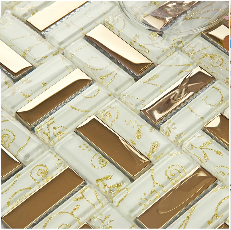 

Electroplated Gold Grass Leaf Art Glass Mosaic Tiles for Kitchen Cabinet Fireplace Wall Decoration, Home improvement,SD-043