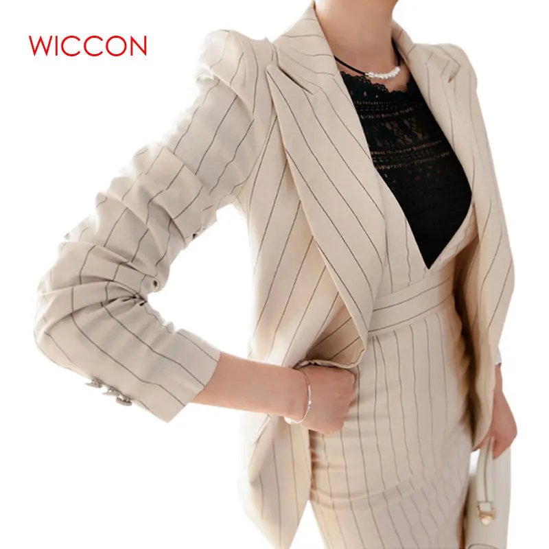 

Women Striped Dress Suits Office Lady Double Breasted 2 Piece Sets Elegant Notched Blazer + Fashion Sheath Dresses Female