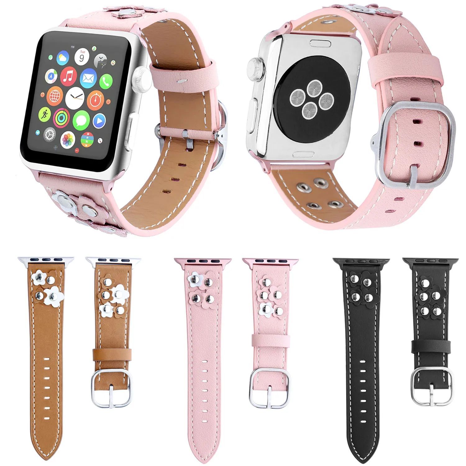 DAHASE Rivet 3D Flower Genuine Leather Strap for Apple Watch Band Series 1 Series 2 Series 3 Watchbands Belt 38mm 42mm