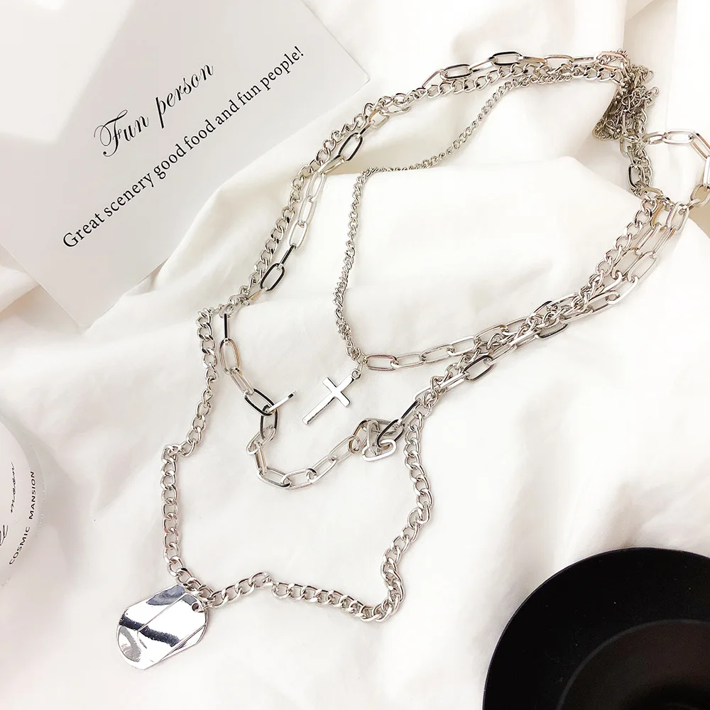 Многослойное ожерелье в стиле панк с серебряными цепочками и крестом для пары, модные уличные хип-хоп геометрические металлические подвесные ожерелья для женщин