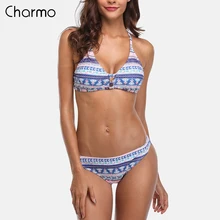 Charmo Women Bikini Set Vintage Floral Print Back Cross Swimwear Bandaged Sexy Bikini Swimsuit Padded Beachwear wire free bikini leaf print cross back bikini set