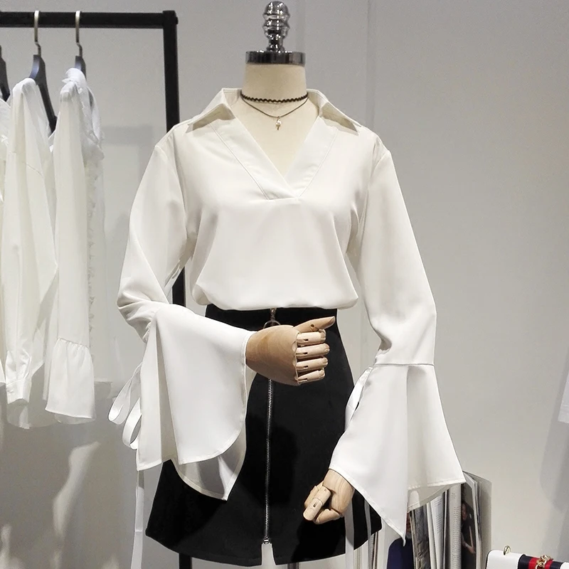 

2018 new spring summer women v-neck chiffon blouse V-neck solid chiffon blouse belt flare sleeved loose tops