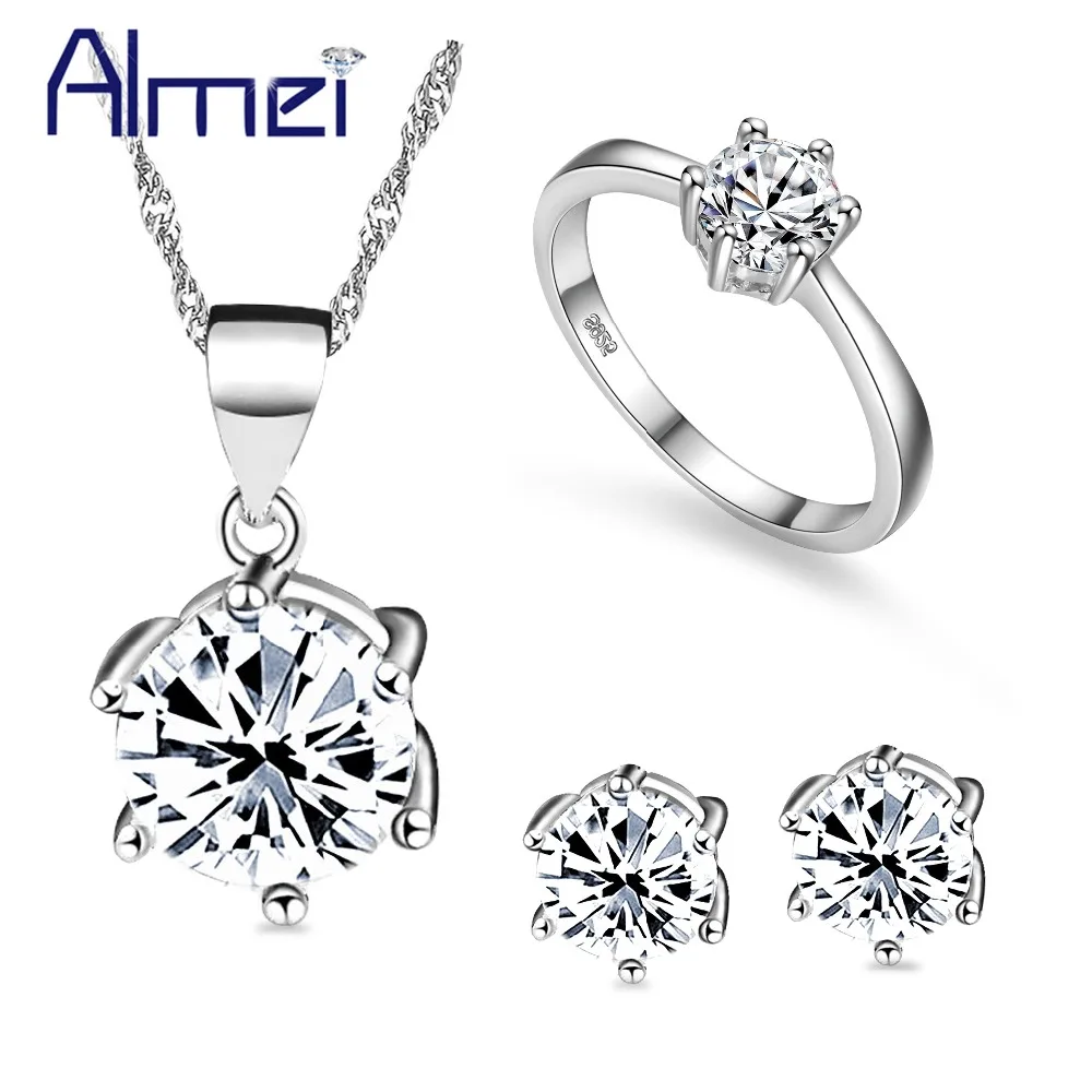 Almei 40% off African Beaded Rhinestone Wedding Women Jewelry Set Bridal Silver Color Crystal Necklace Earrings Ring T043 | Украшения и