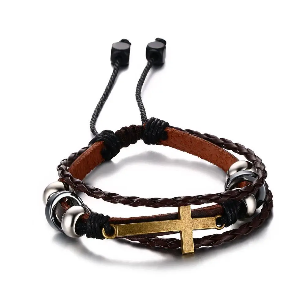 Vnox, богемский крест, очаровательный кожаный браслет для женщин и мужчин, регулируемый размер, Ретро стиль, цепочка, браслет, ювелирное изделие, Прямая поставка - Окраска металла: Brown Leather