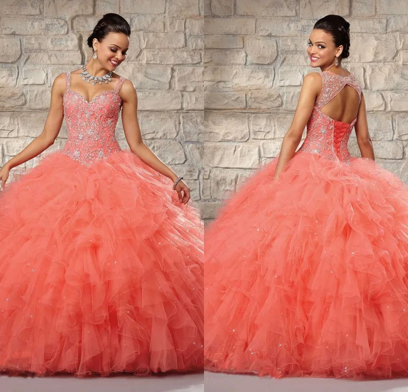 Пышное платье спагетти розовый бальное платье из органзы сшитое из бисера кристалл блестки складки Vestidos 15 Anos Q1060