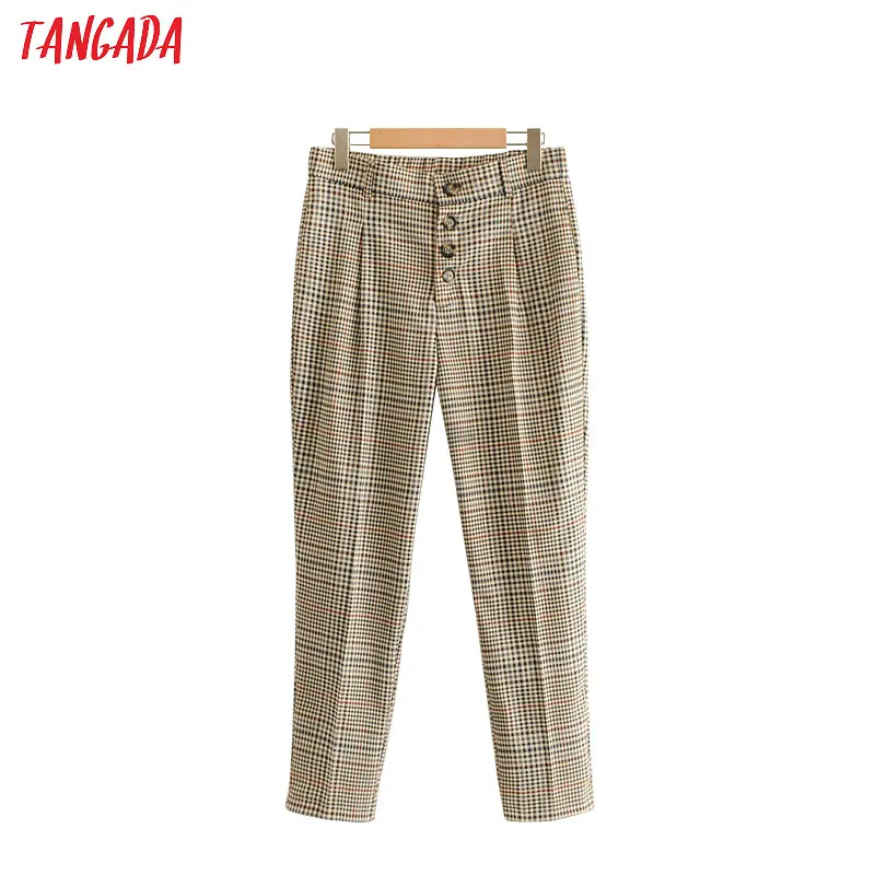 

Tangada women elegant plaid trousers vogue pants button pocket pants casual vintage female harem pants SY62